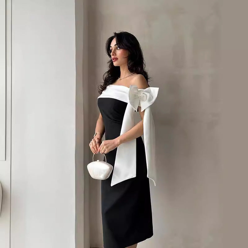 Women's Off-shoulder Bow Black And White Color Matching Elegant Cocktail Dress - kinko