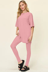 Double Take Full Size Round Neck Dropped Shoulder T-Shirt and Leggings Set - kinko