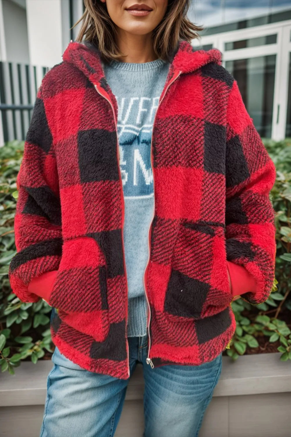 Double Take Full Size Plaid Long Sleeve Hooded Coat - kinko