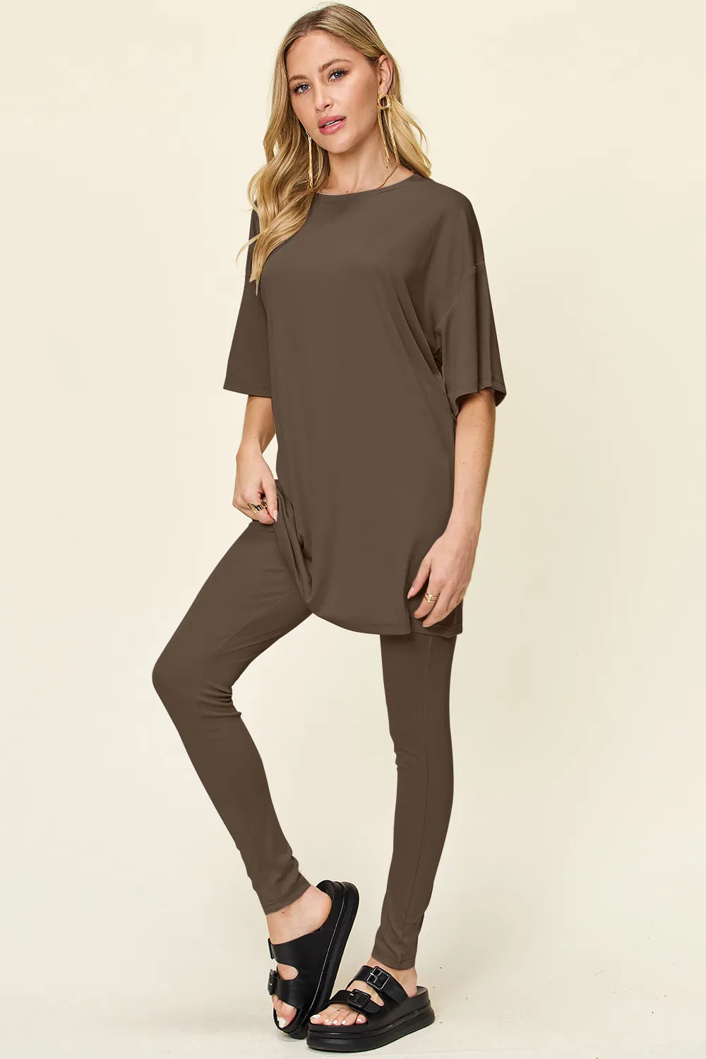 Double Take Full Size Round Neck Dropped Shoulder T-Shirt and Leggings Set - kinko
