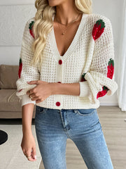 Strawberry Pattern V-Neck Button-Up Cardigan - kinko