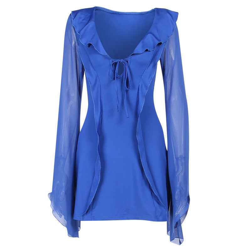Sexy Ruffled V-neck Lace-up Long-sleeved Dress Fashion Y2K Skirt Slim Hip-covering Short Dresses For Womens Clothing - kinko