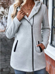 Oblique Zipper Fleece-lined Fall Winter Coat Hooded Sweater