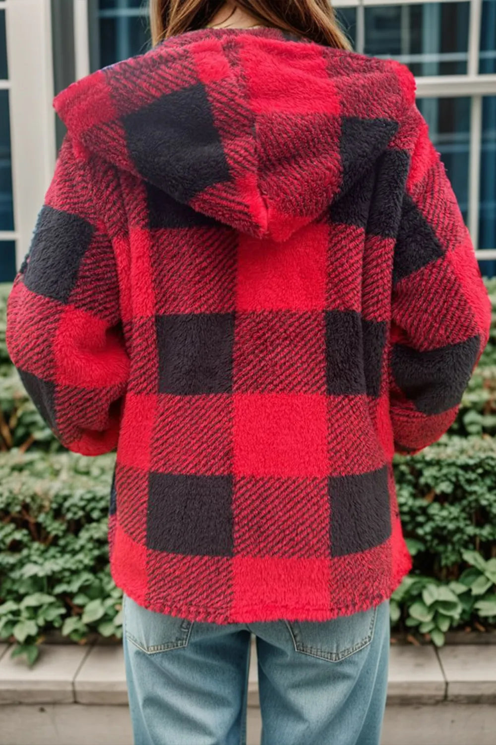 Double Take Full Size Plaid Long Sleeve Hooded Coat - kinko