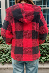 Double Take Full Size Plaid Long Sleeve Hooded Coat - kinko