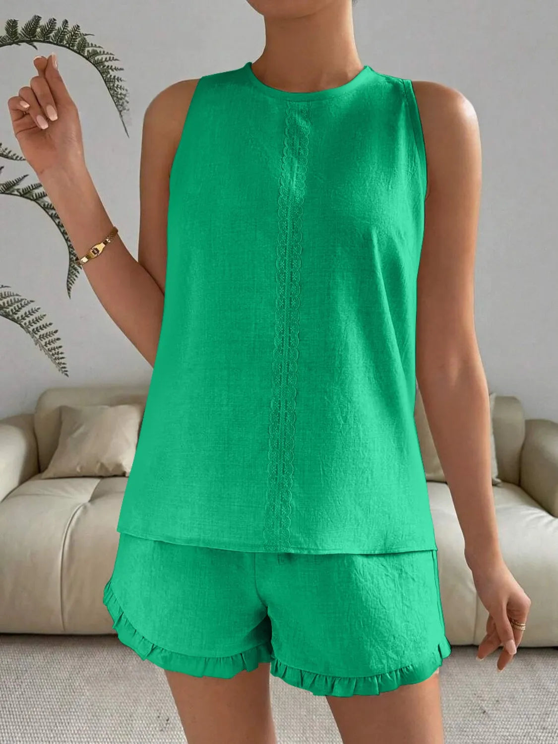Lace Detail Round Neck Tank and Shorts Set - kinko