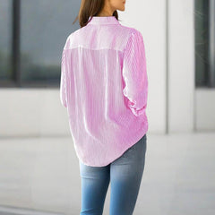 Women's Elegant Striped Long Sleeve Shirt - Pointed Lapel Collar With Chest Pocket, Button-Up Casual Blouse For Spring&Fall - kinko