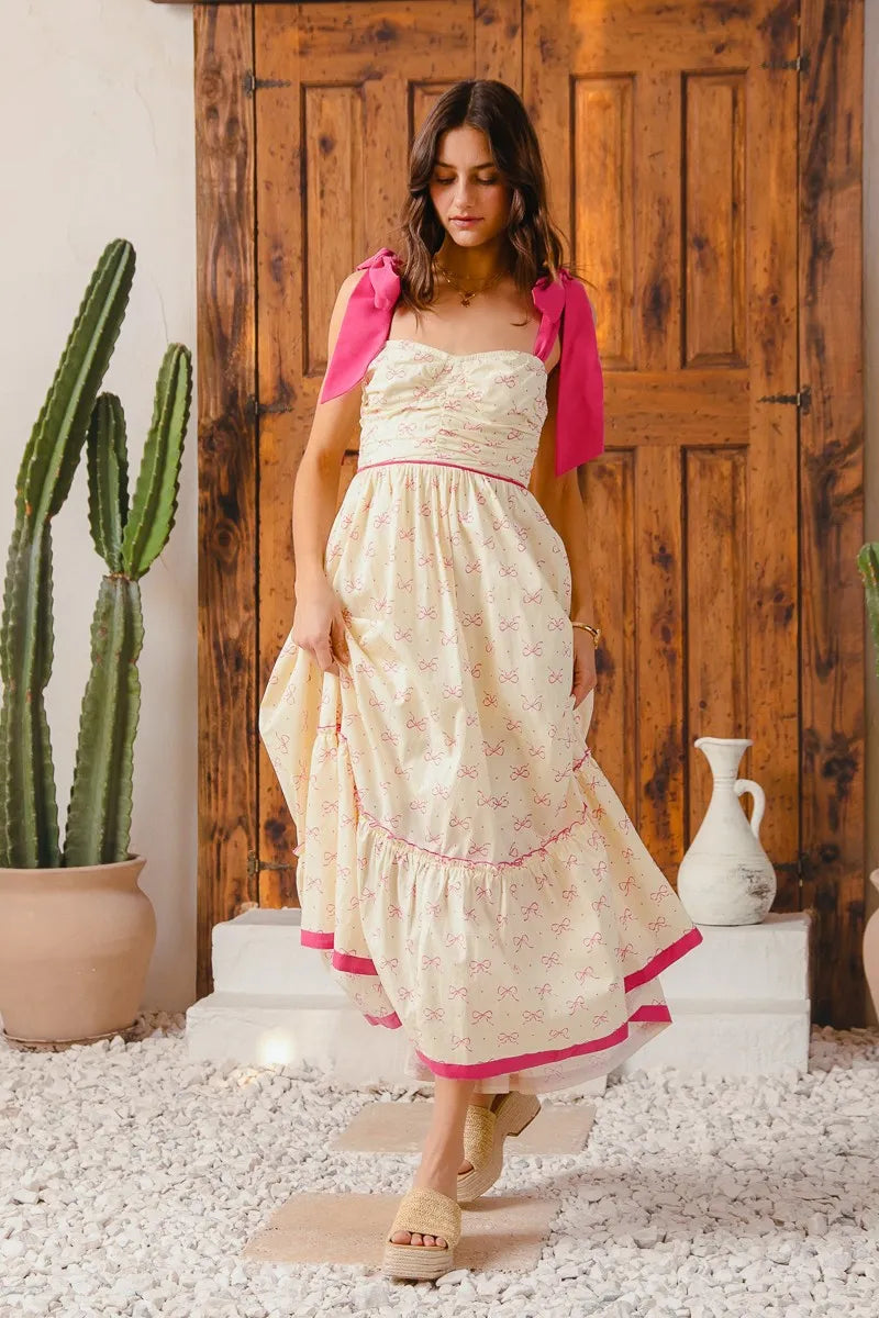 SO ME Ribbon Flowy Maxi Dress with Contrast Trim - kinko