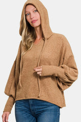 Zenana Brushed Hacci Drop Shoulder Cropped Hoodie - kinko