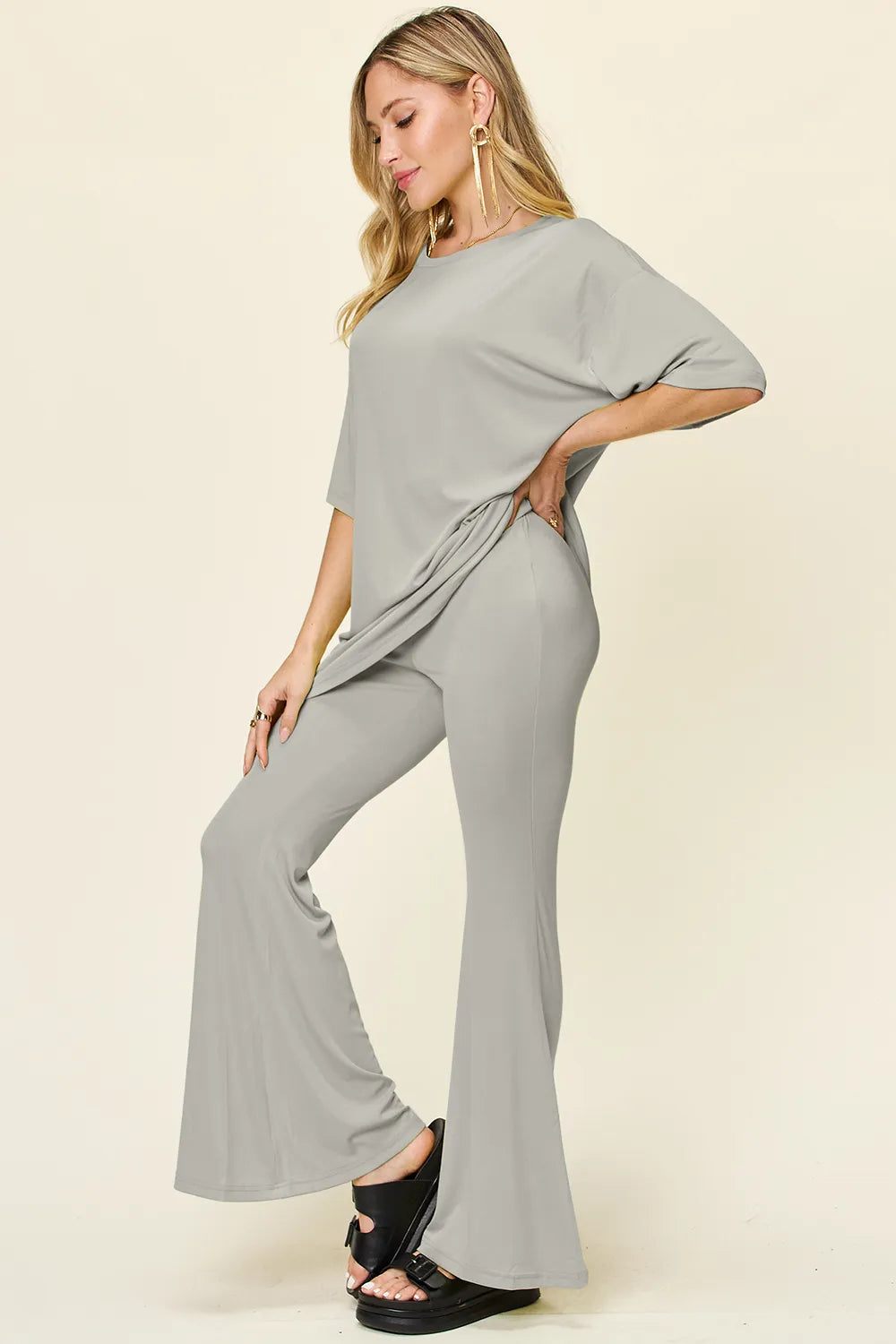Double Take Full Size Round Neck Drop Shoulder T-Shirt and Flare Pants Set - kinko
