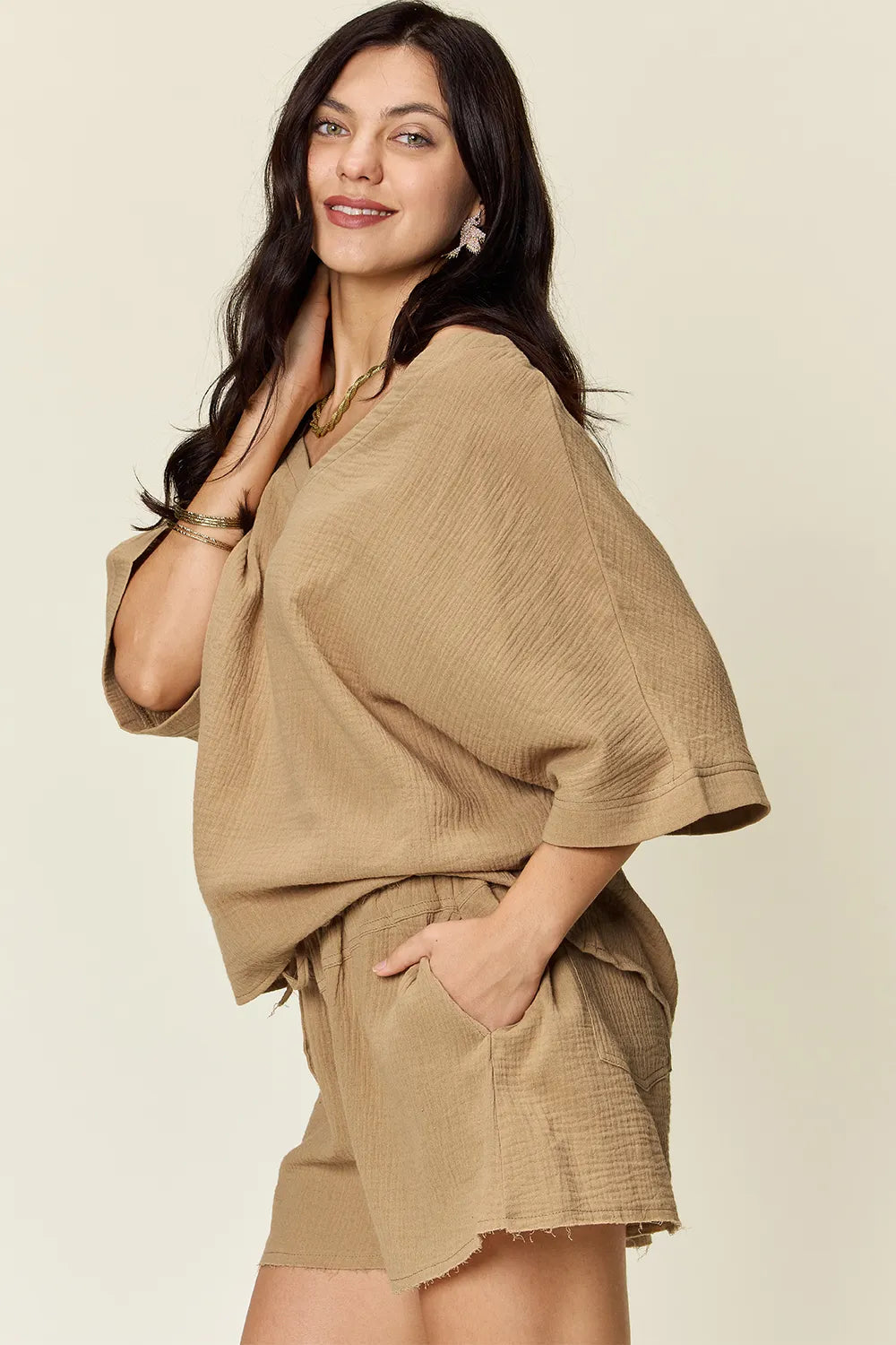 Double Take Texture Half Sleeve T-Shirt and Drawstring Shorts Set - kinko