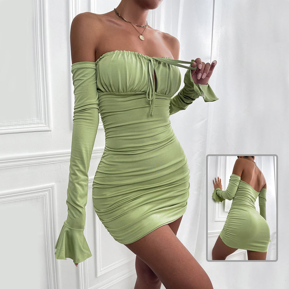 Fashion Slim Off-shoulder Long Sleeve Dress Sexy Tie Pleated Short Dresses Womens Clothing - kinko