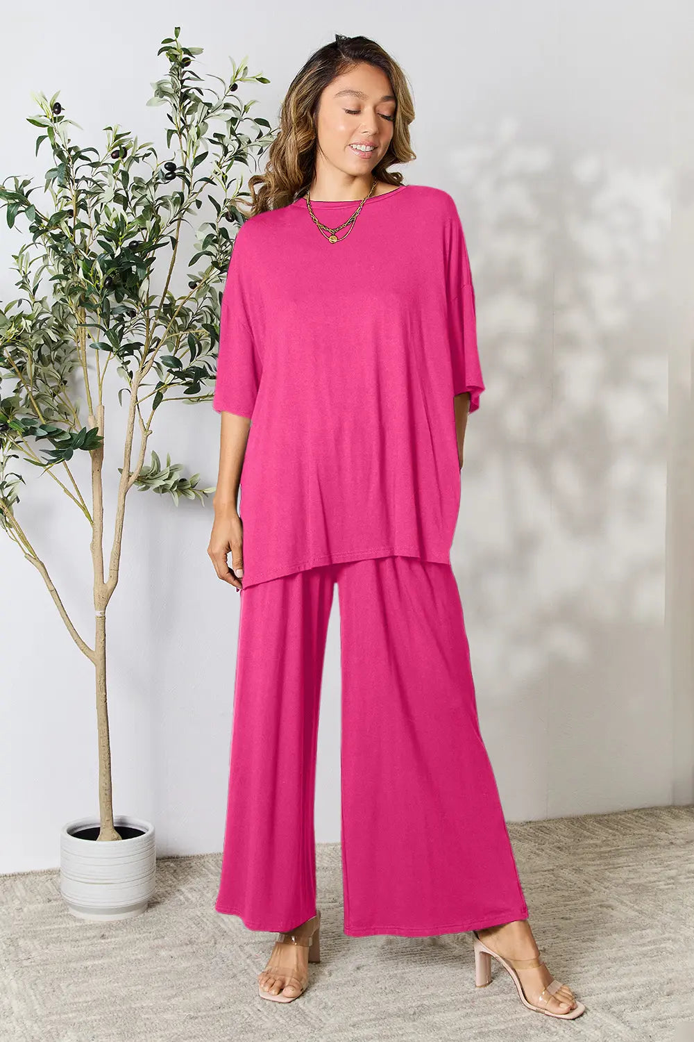 Double Take Full Size Round Neck Slit Top and Pants Set - kinko