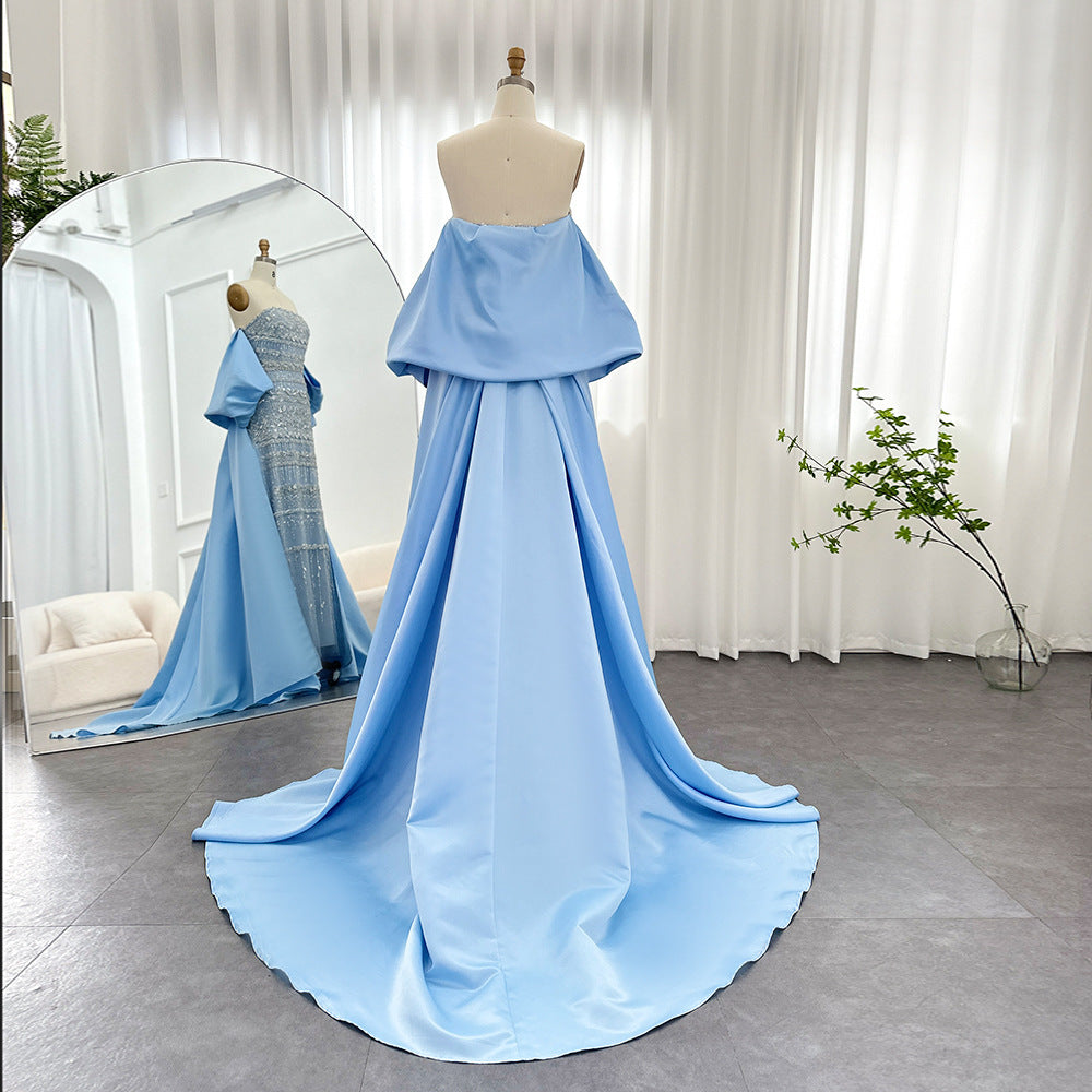 Foreign Trade Tube Top Heavy Industry Beads Off-shoulder Satin Trailing Evening Dress - kinko