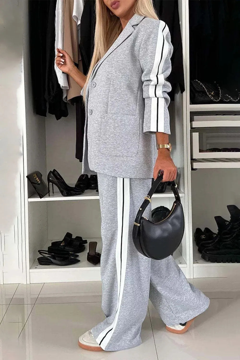 Full Size Contrast Lapel Collar Top and Pants Set - kinko