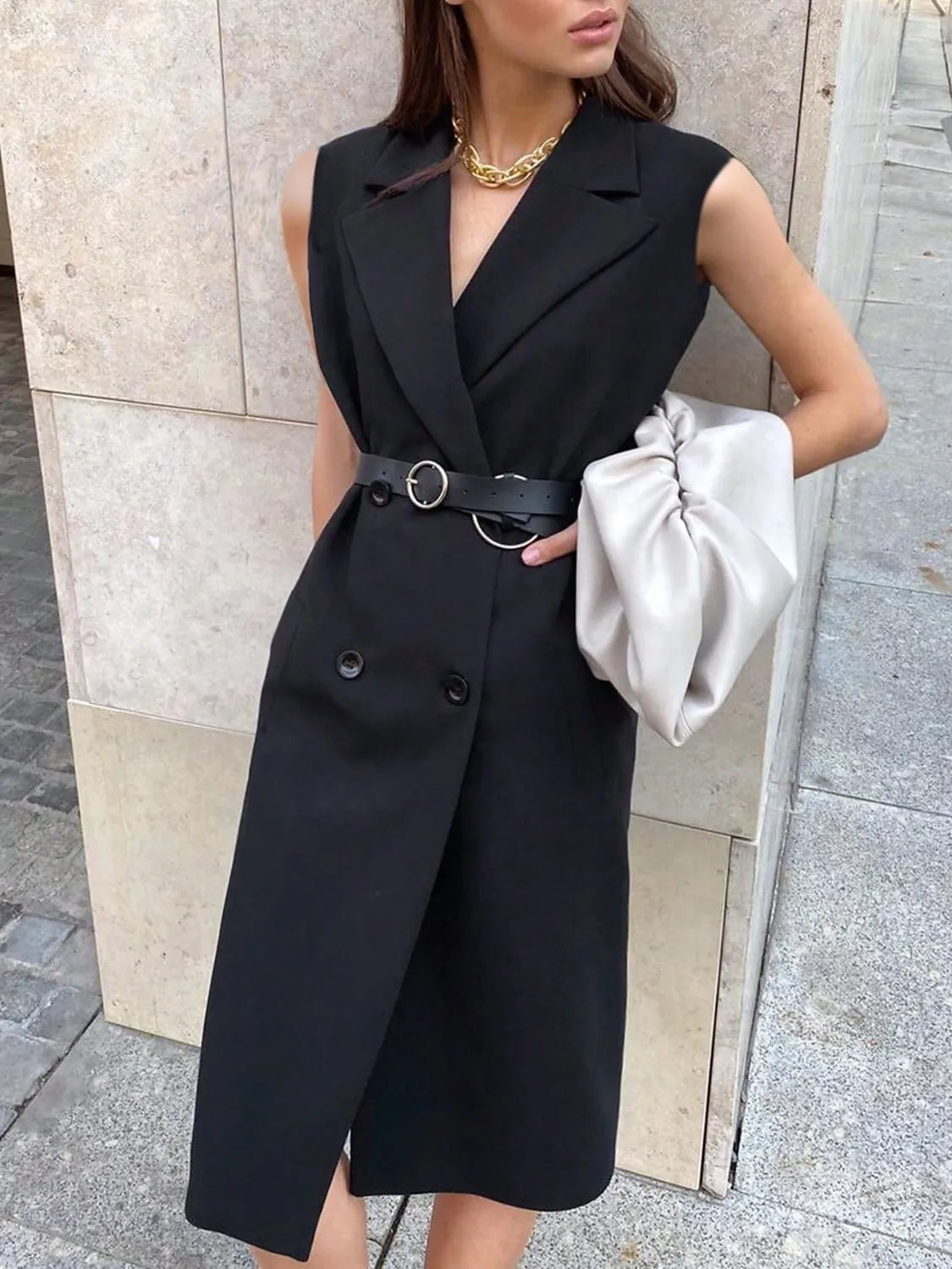 Lapel Collar Sleeveless Longline Blazer - kinko