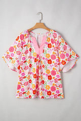 White Floral Split V Neck Wide Short Sleeve Plus Size Blouse Top - kinko