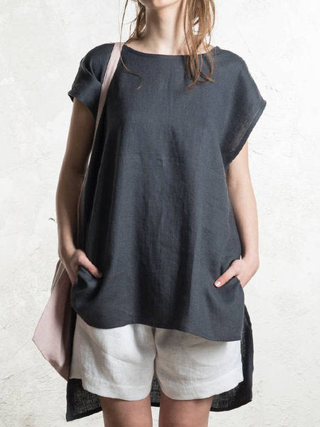 Round Neck Front Short Back Long Short Sleeve Top For Women - kinko