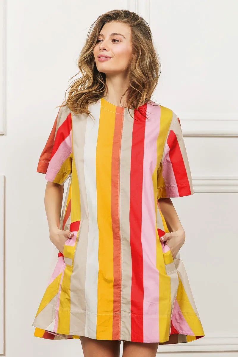BiBi Multi Stripe Woven Flared Midi Dress - kinko