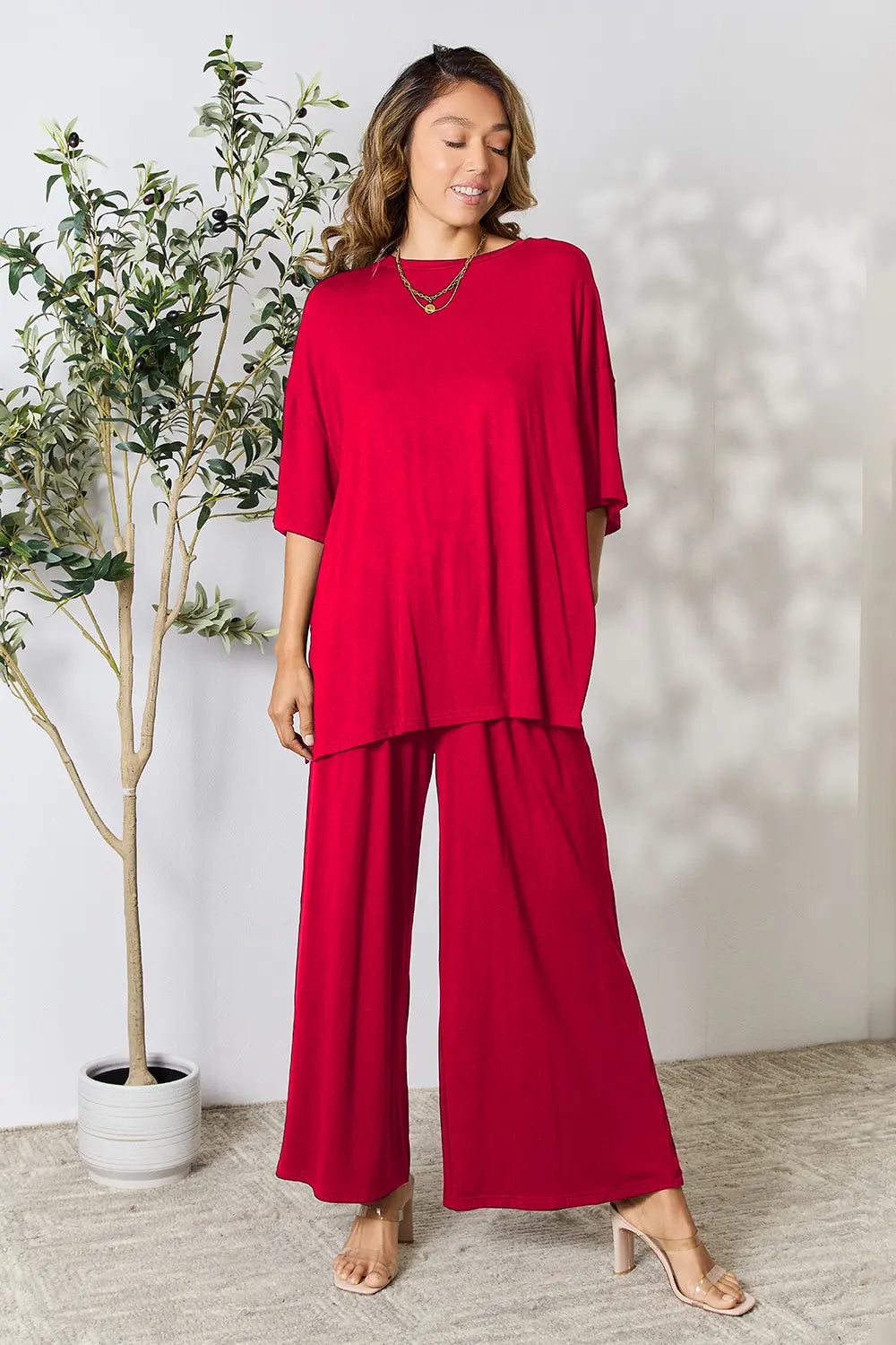 Double Take Full Size Round Neck Slit Top and Pants Set - kinko