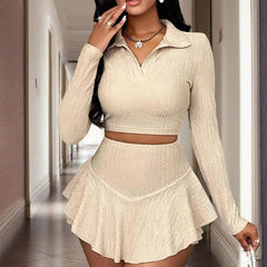 Women's Solid Color Lapel Crop Top & Asymmetrical Ruffle Skirt Set - Spring&Fall Vacation Outfit - kinko