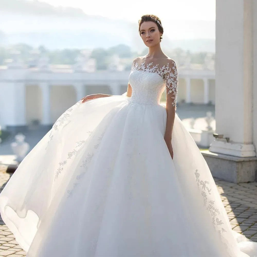 Bridal Mesh Long Sleeve Embroidered Wedding Dress - kinko
