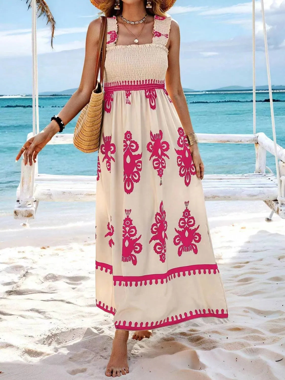 Smocked Printed Wide Strap Maxi Dress - kinko