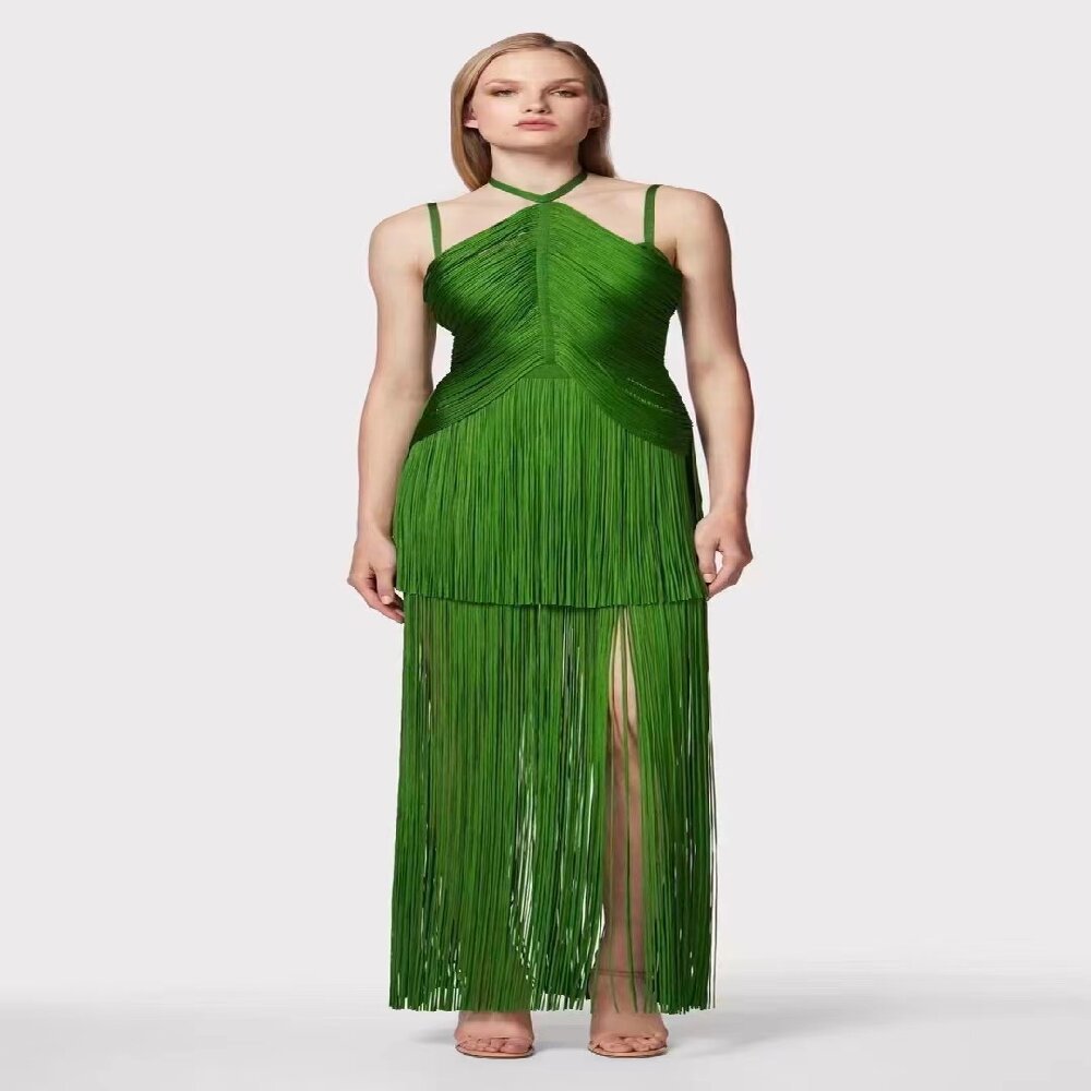 Green Halter Spaghetti Straps Tassel Dinner Ball Dress - kinko