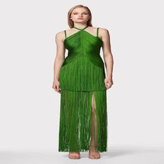 Green Halter Spaghetti Straps Tassel Dinner Ball Dress - kinko