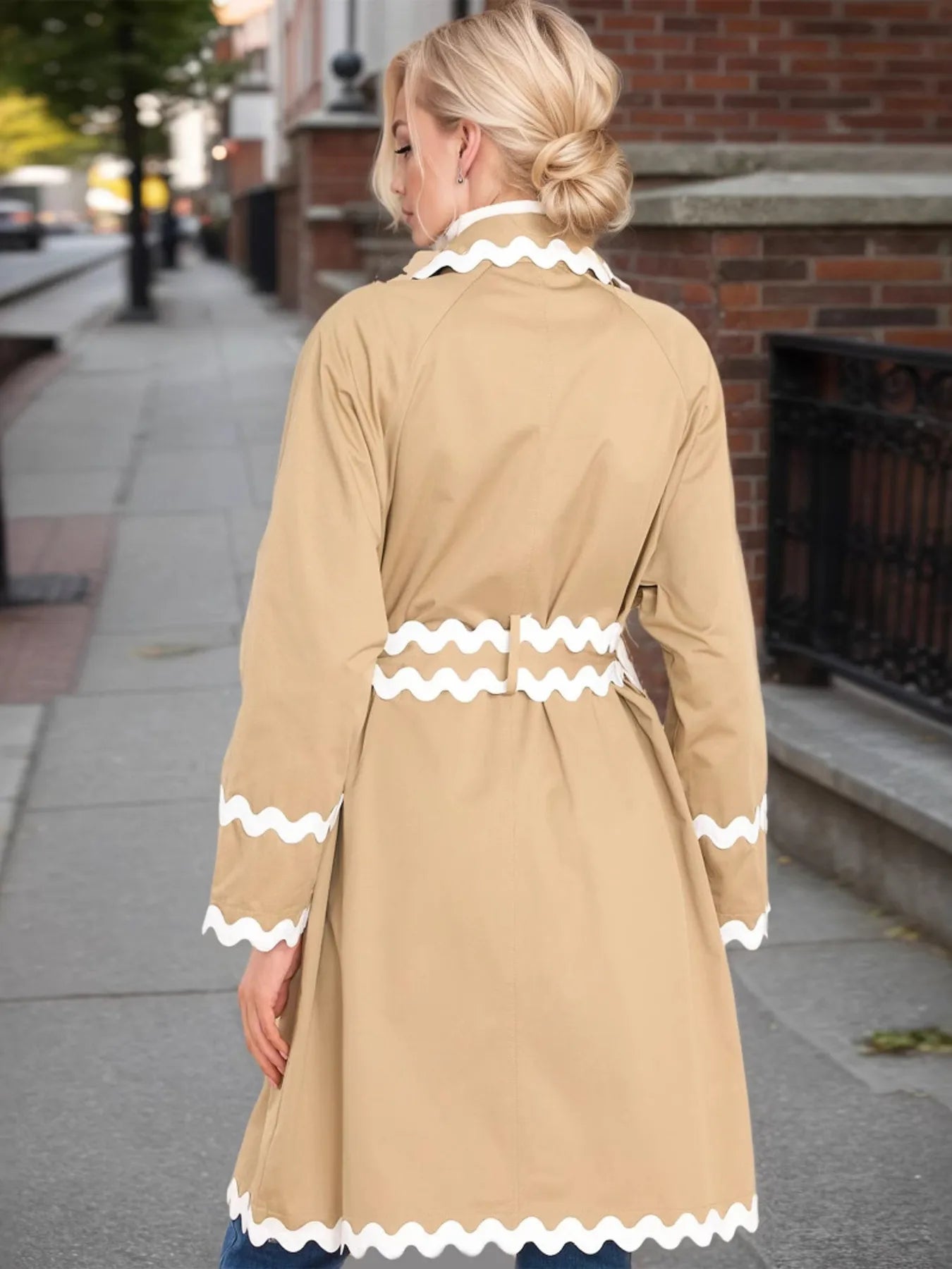 Scalloped Trim Long Sleeve Trench Coat - kinko