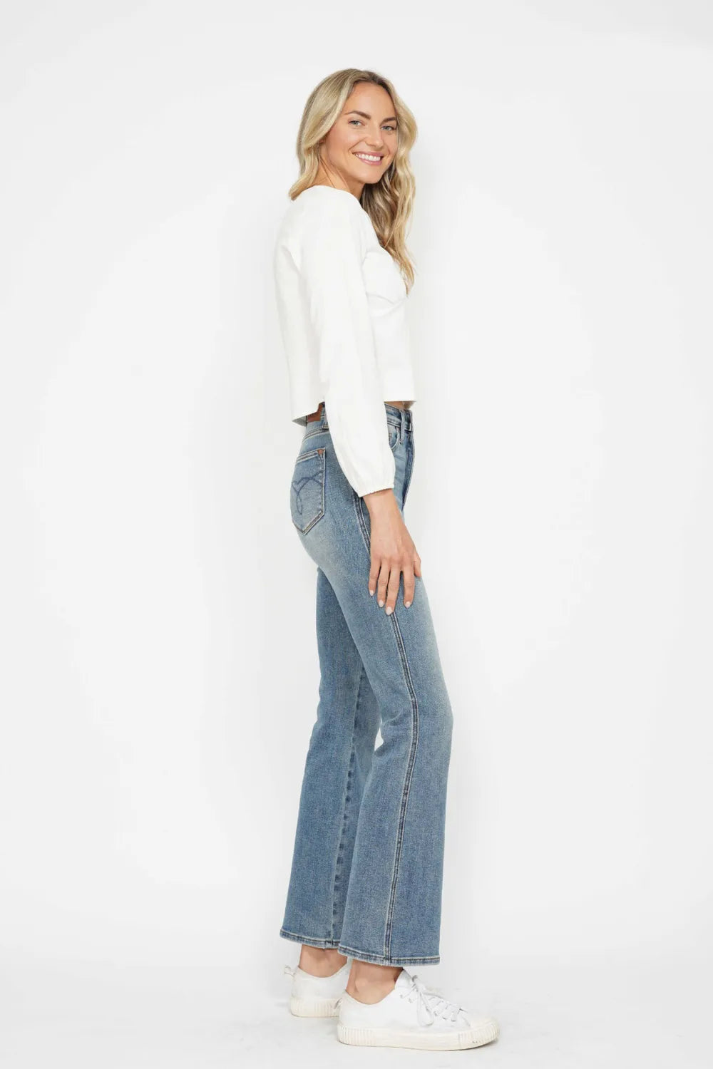Judy Blue Full Size Tummy Control Back Embroidered Pocketed Bootcut Jeans Plus Size - kinko