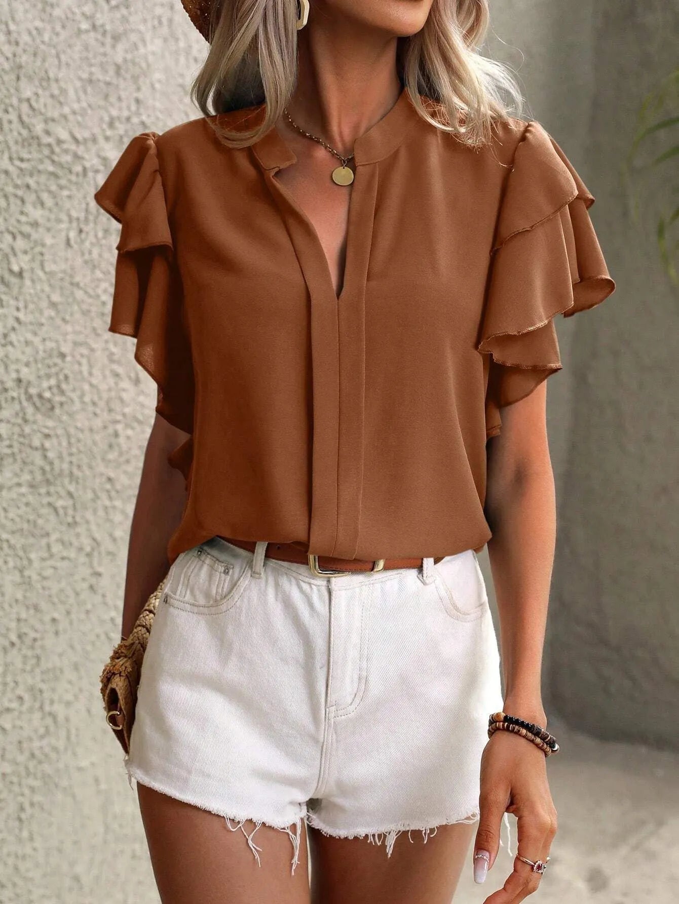 Ruffle Sleeve Notched Blouse - kinko