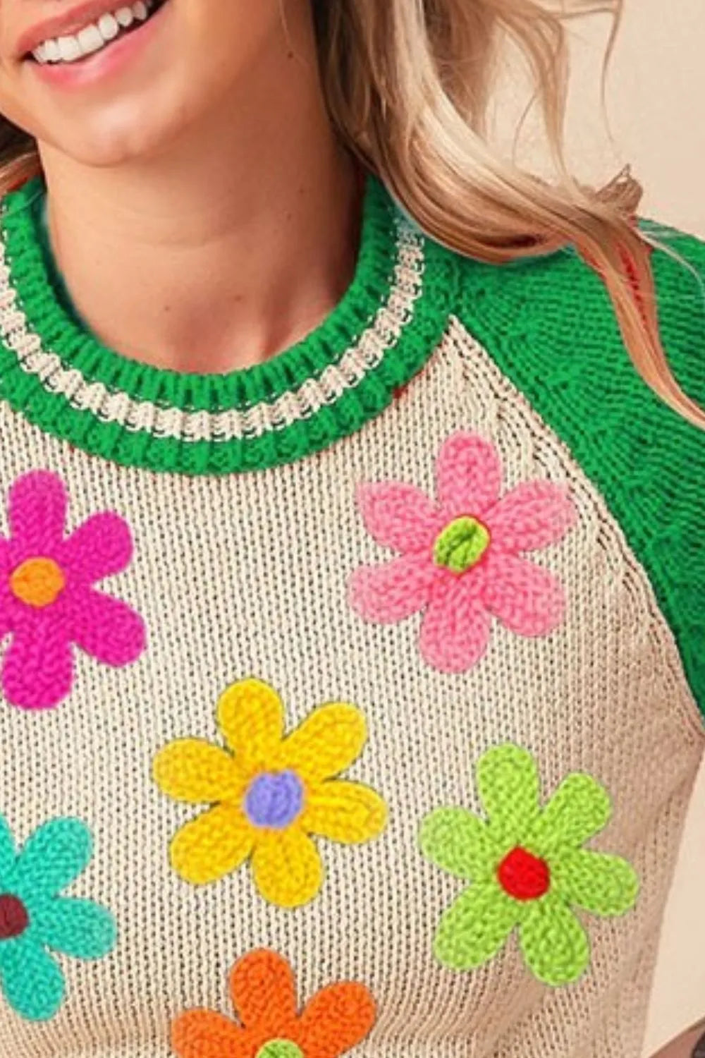 BiBi Crochet Flower Patches Striped Rib Band Sweater - kinko