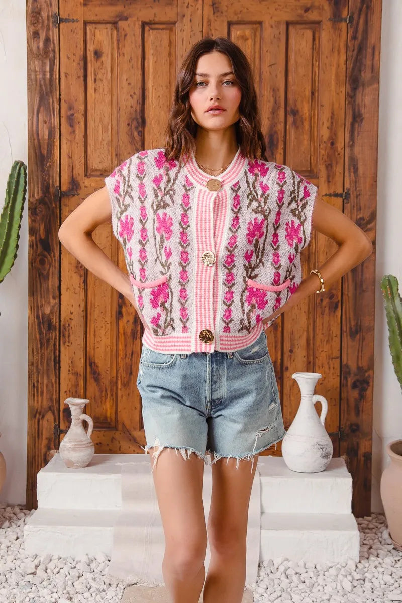 SO ME Button Front Floral and Stripe Knitted Sweater Vest - kinko