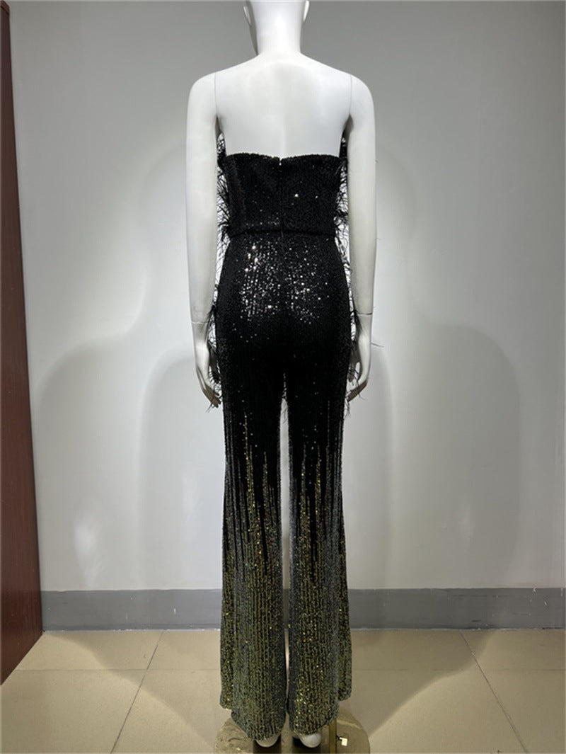 Ostrich Feather Gradient Sequin Tube Top Jumpsuit - kinko