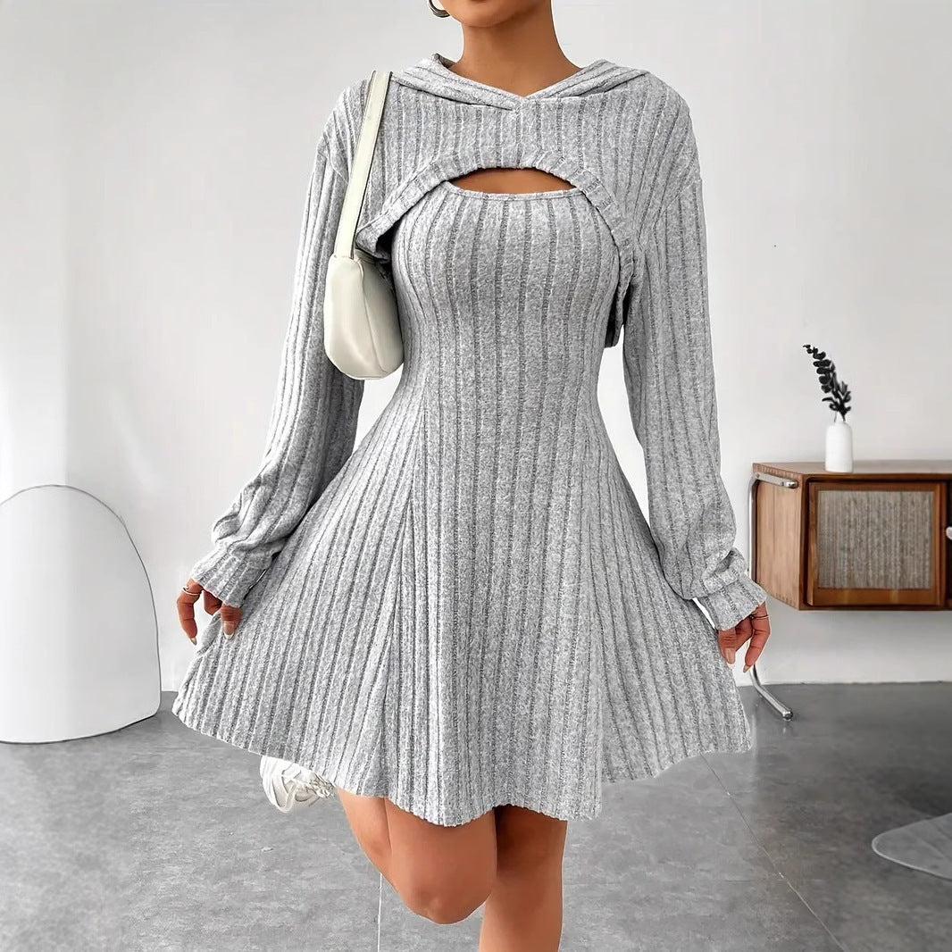 Women's Two-piece Set Dresses New Fashion Fall Winter Hooded Shawl Long-sleeved Vest Short Skirt - kinko