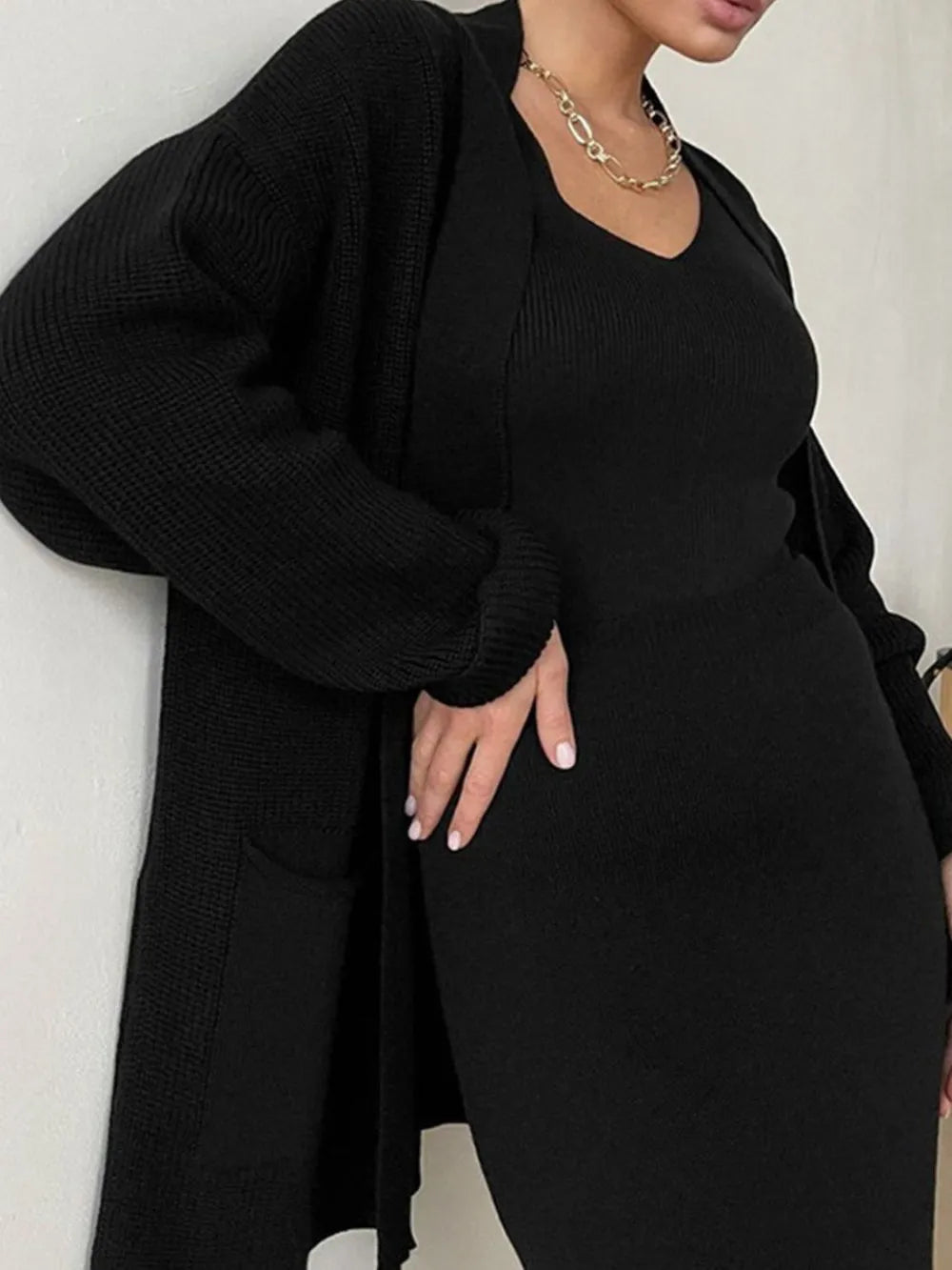 Pocketed Long Sleeve Cardigan and Skirt Sweater Set - kinko