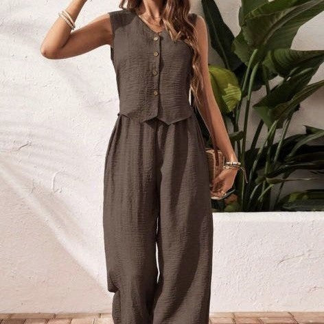 Linen Leisure Commute Front Button Vest And Trousers - kinko