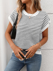 Striped Round Neck Short Sleeve Knit Top - kinko