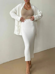 Pocketed Long Sleeve Cardigan and Skirt Sweater Set - kinko