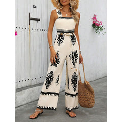 Women's Summer Boho Jumpsuits One Piece Beach Vacation Outfits Shirred Strap Wide Leg Pants Rompers With Pockets - kinko