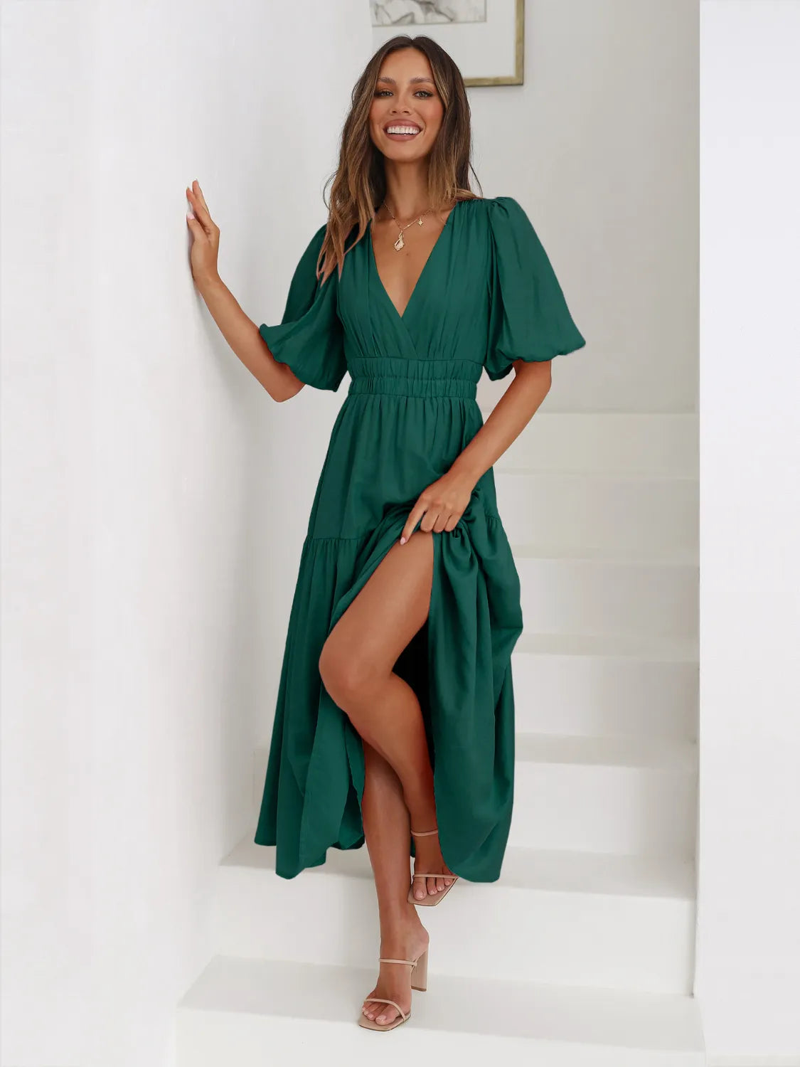 Tiered Surplice Half Sleeve Midi Dress - kinko