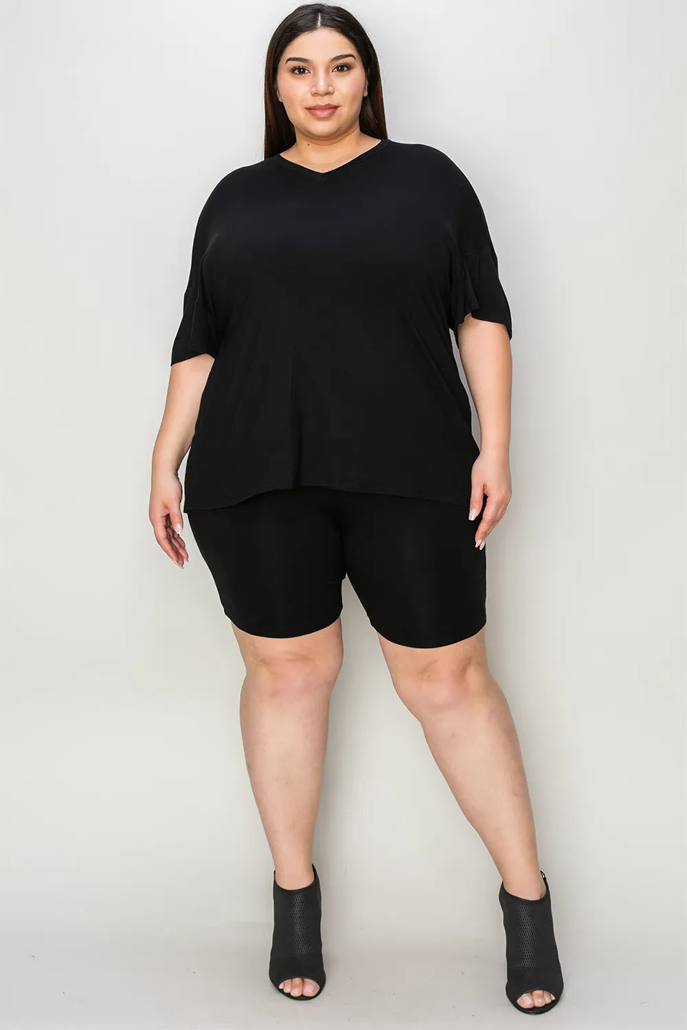 Basic Bae Bamboo Full Size V-Neck Drop Shoulder T-Shirt and Shorts Set - kinko