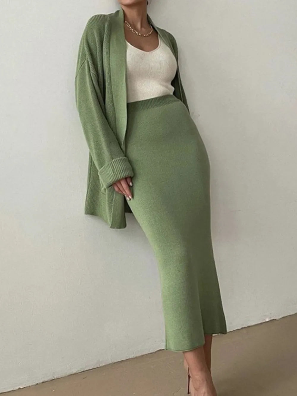Pocketed Long Sleeve Cardigan and Skirt Sweater Set - kinko