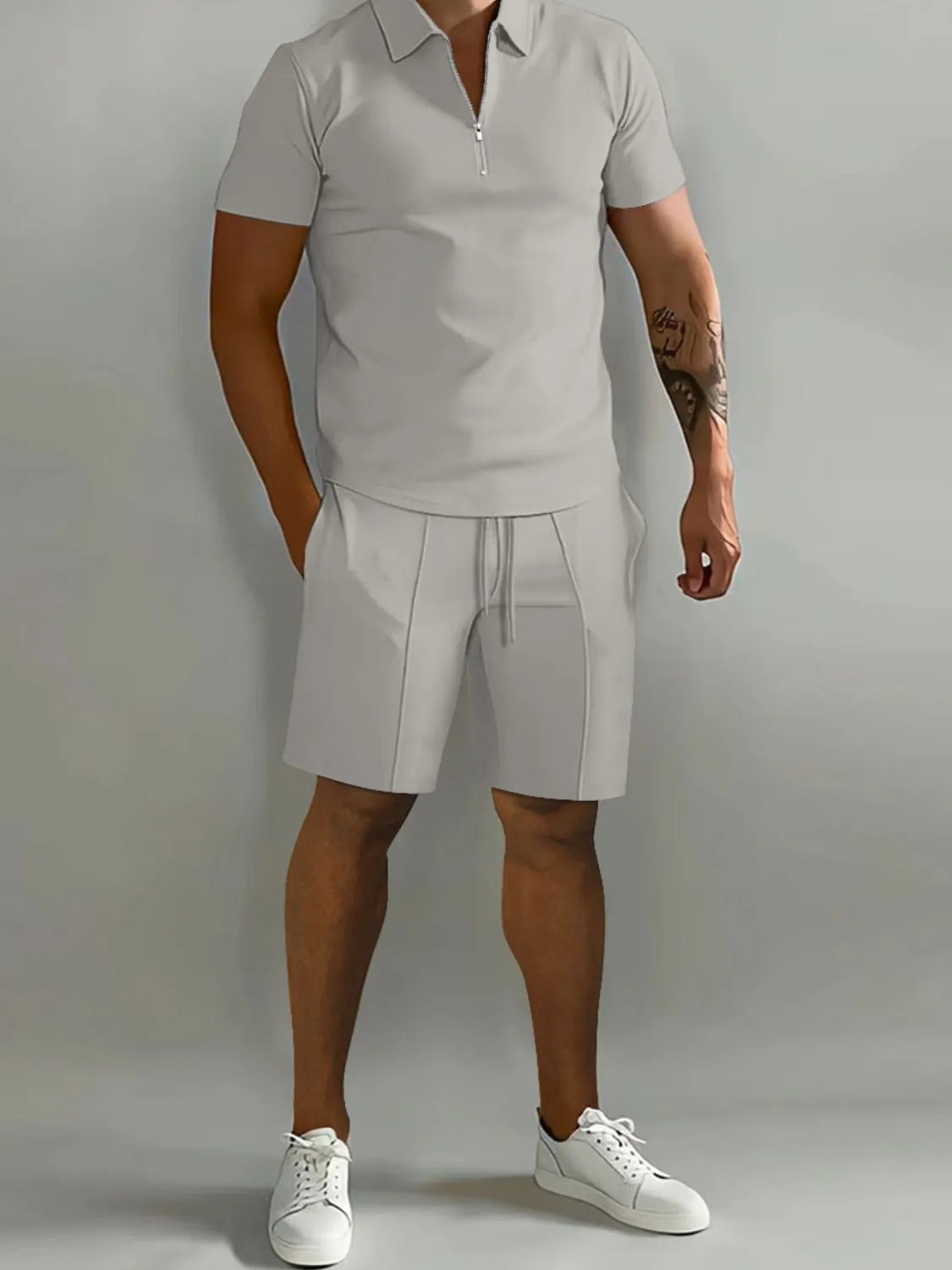 Men's Full Size Collared Neck Short Sleeve Top and Shorts Set Plus Size - kinko