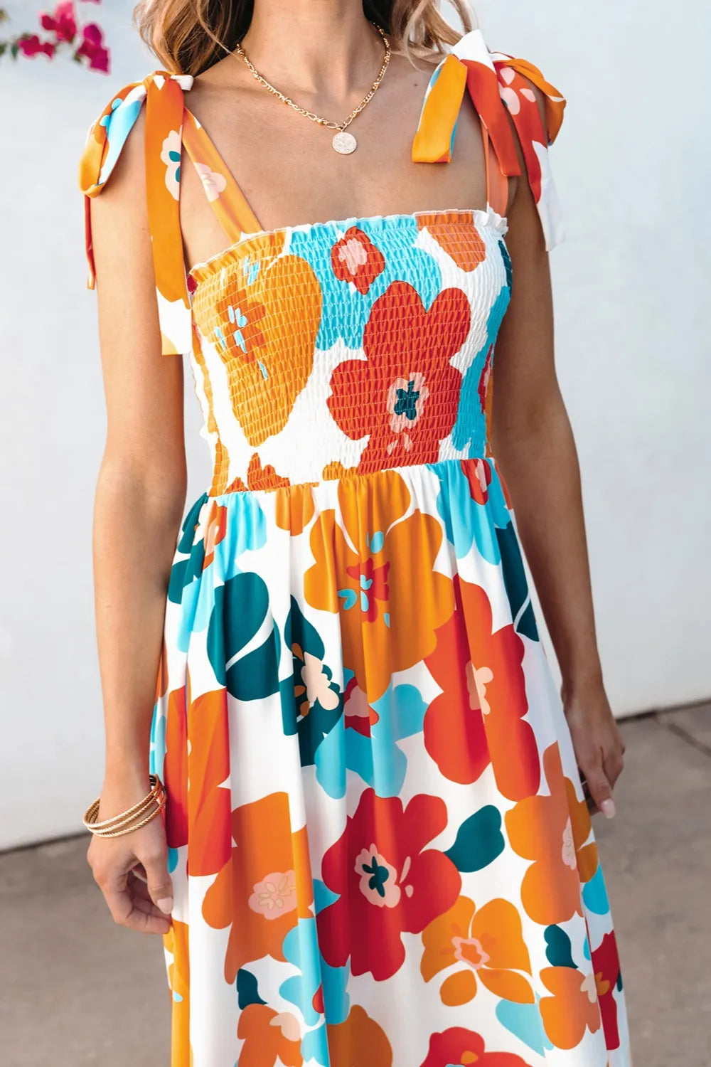 Smocked Printed Square Neck Dress - kinko