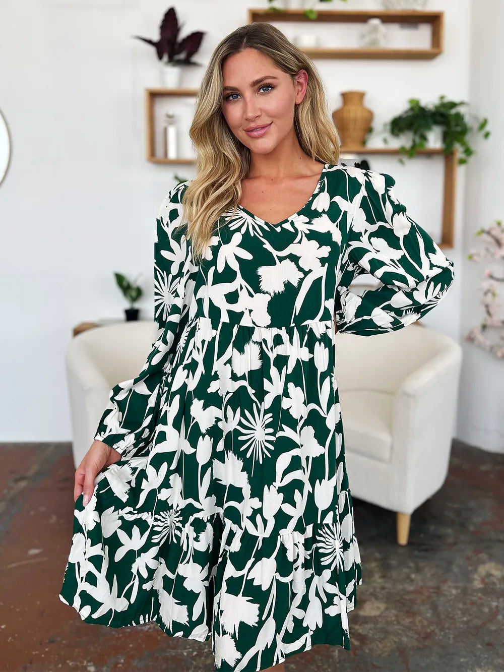 Double Take Full Size Printed Ruffle Hem Dress with Pocket - kinko