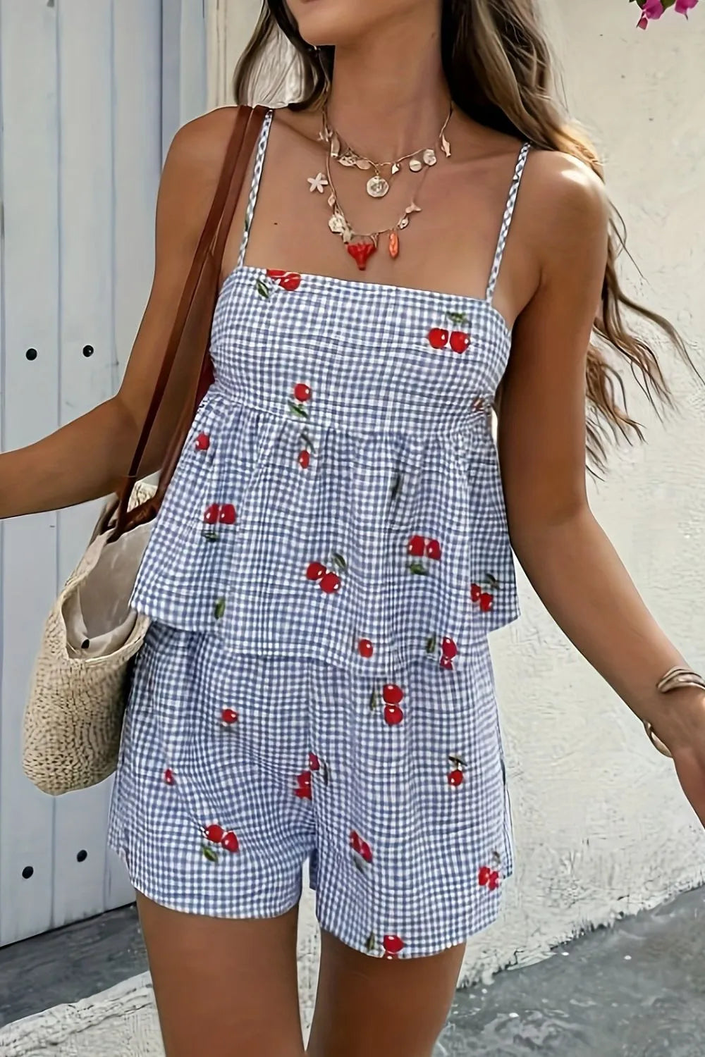 Floral Gingham Print Cami and Shorts Two-Piece Set - kinko
