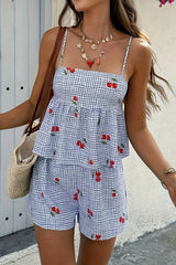 Floral Gingham Print Cami and Shorts Two-Piece Set - kinko