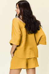 Double Take Texture Half Sleeve T-Shirt and Drawstring Shorts Set - kinko